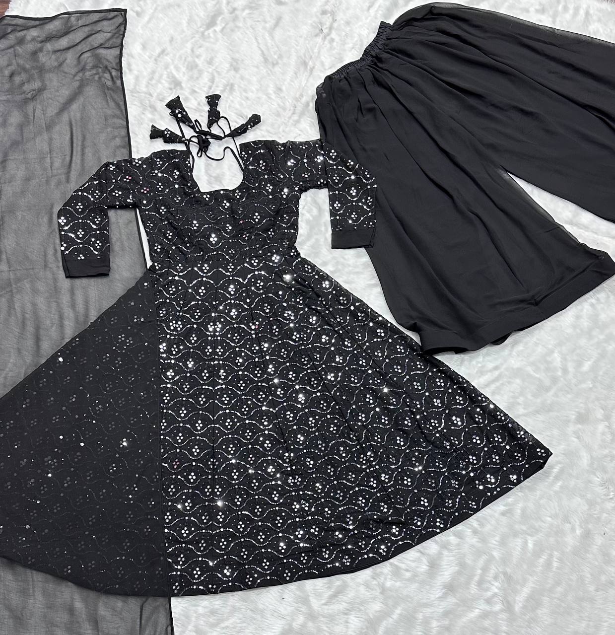 Alluring Black Color Faux Blooming With Heavy Sequins And Thread Embroidered Work Palazzo Suit