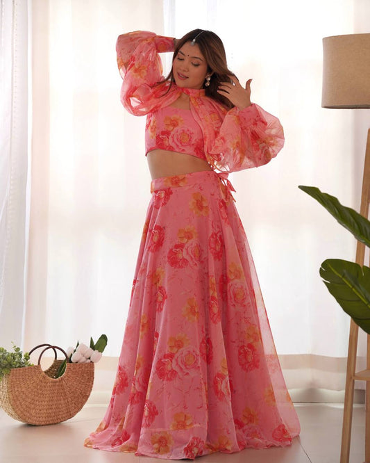 Party Wear Baby Pink Color Pure Soft Tabby Organza Silk Floral Printed Lehenga Choli