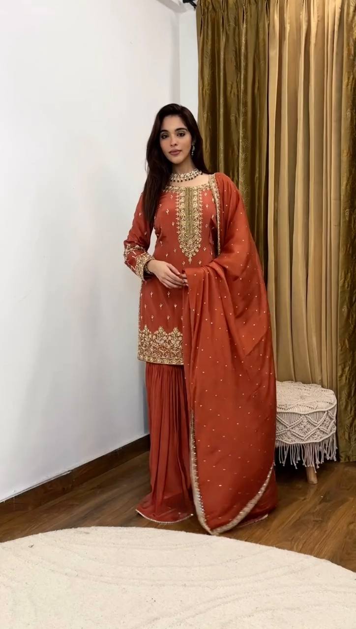 Fantastic Red Color Pure Heavy Simmer Silk With Embroidery Sequence Work Palazzo Suit