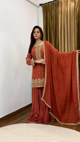 Fantastic Red Color Pure Heavy Simmer Silk With Embroidery Sequence Work Palazzo Suit