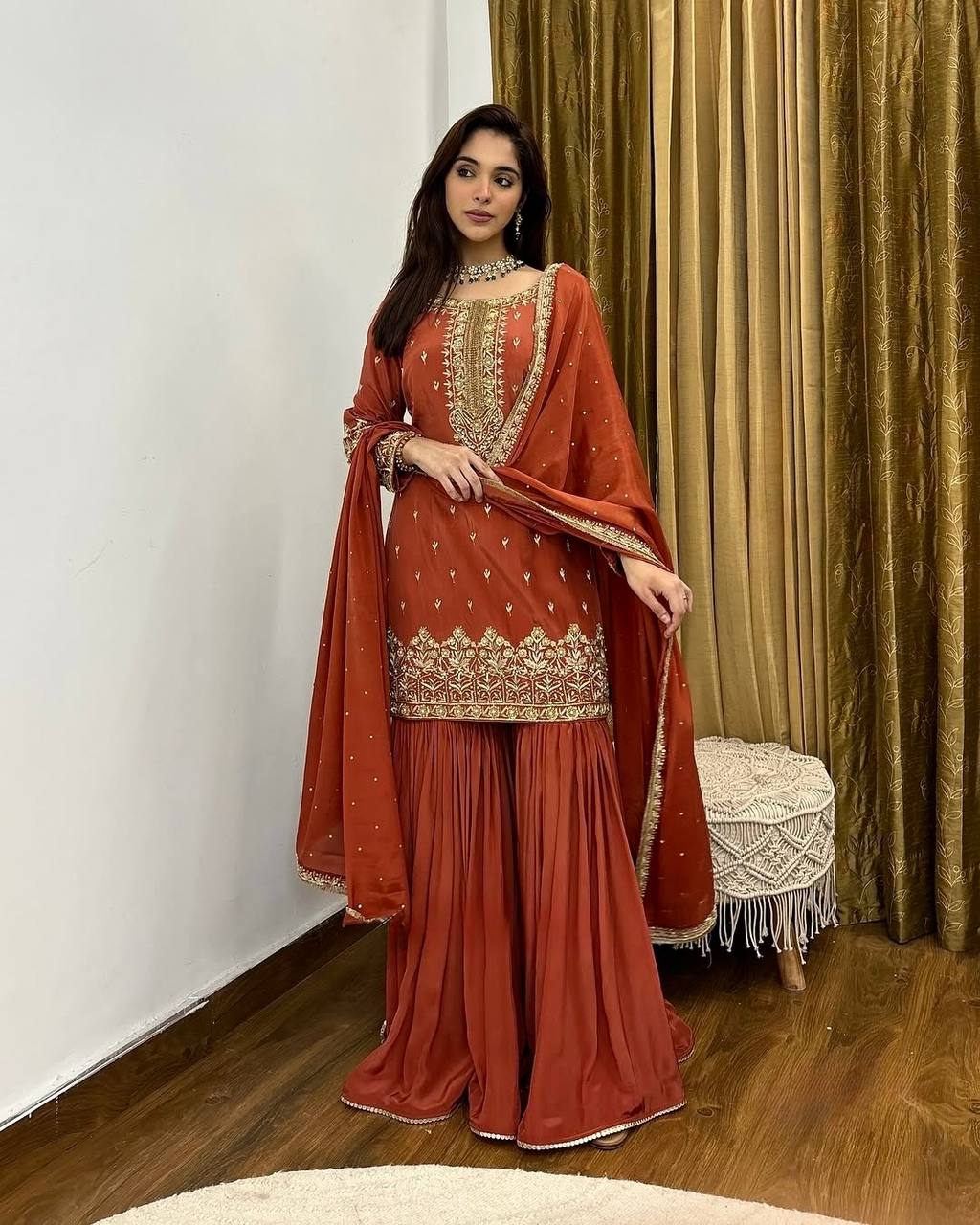 Fantastic Red Color Pure Heavy Simmer Silk With Embroidery Sequence Work Palazzo Suit