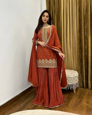 Fantastic Red Color Pure Heavy Simmer Silk With Embroidery Sequence Work Palazzo Suit