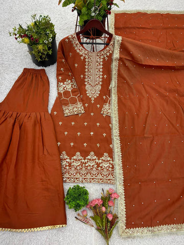 Fantastic Red Color Pure Heavy Simmer Silk With Embroidery Sequence Work Palazzo Suit