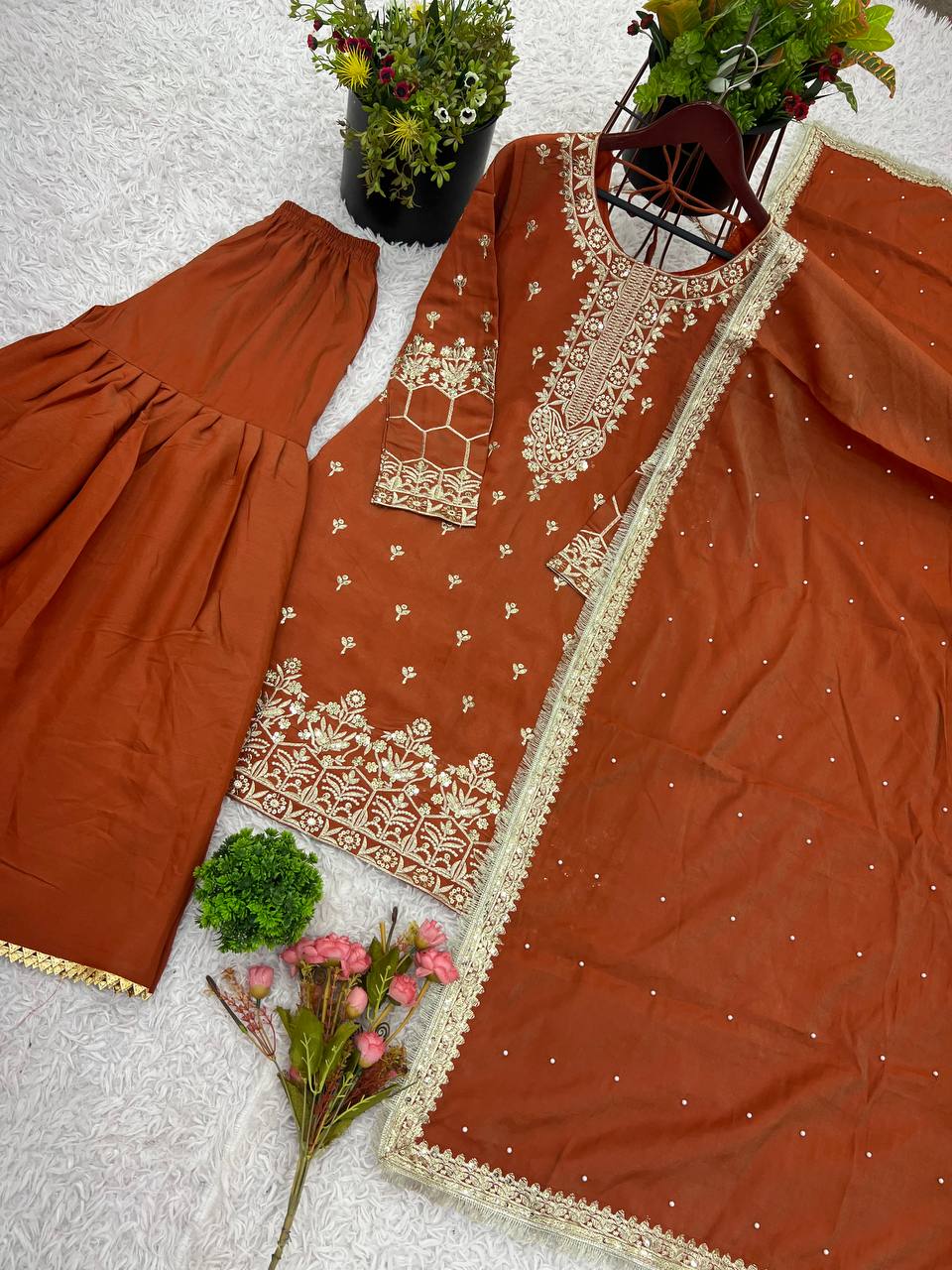 Fantastic Red Color Pure Heavy Simmer Silk With Embroidery Sequence Work Palazzo Suit
