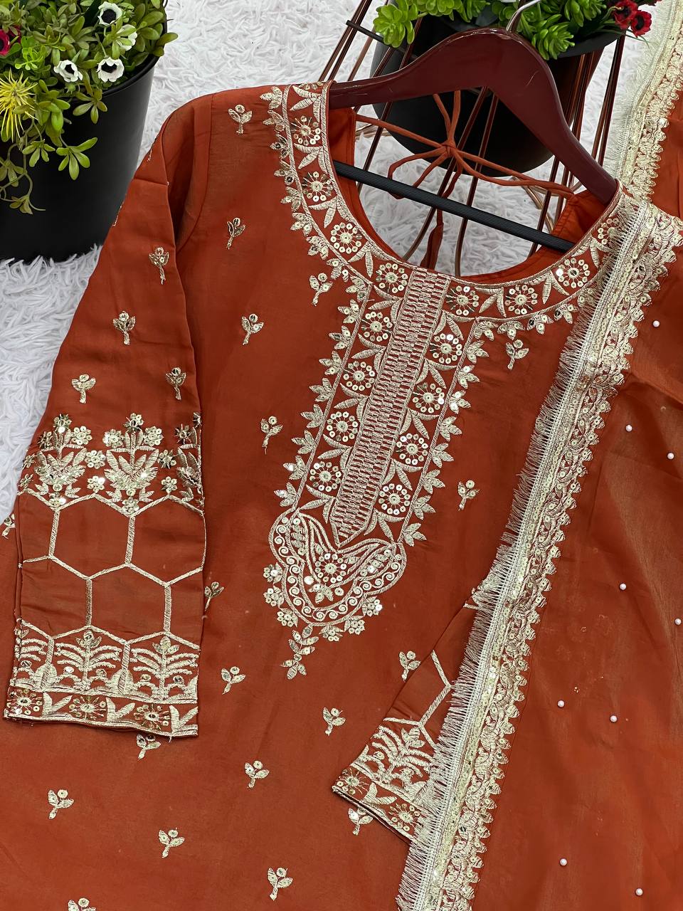 Fantastic Red Color Pure Heavy Simmer Silk With Embroidery Sequence Work Palazzo Suit