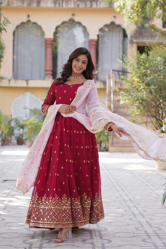 Wedding Wear Maroon Color aux Blooming With Embroidery Zari Sequins Work Designer Gown