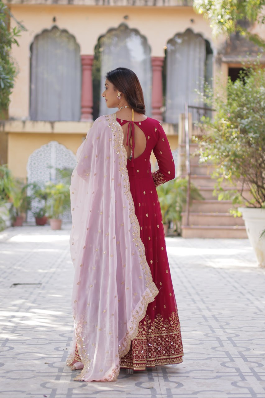 Wedding Wear Maroon Color aux Blooming With Embroidery Zari Sequins Work Designer Gown
