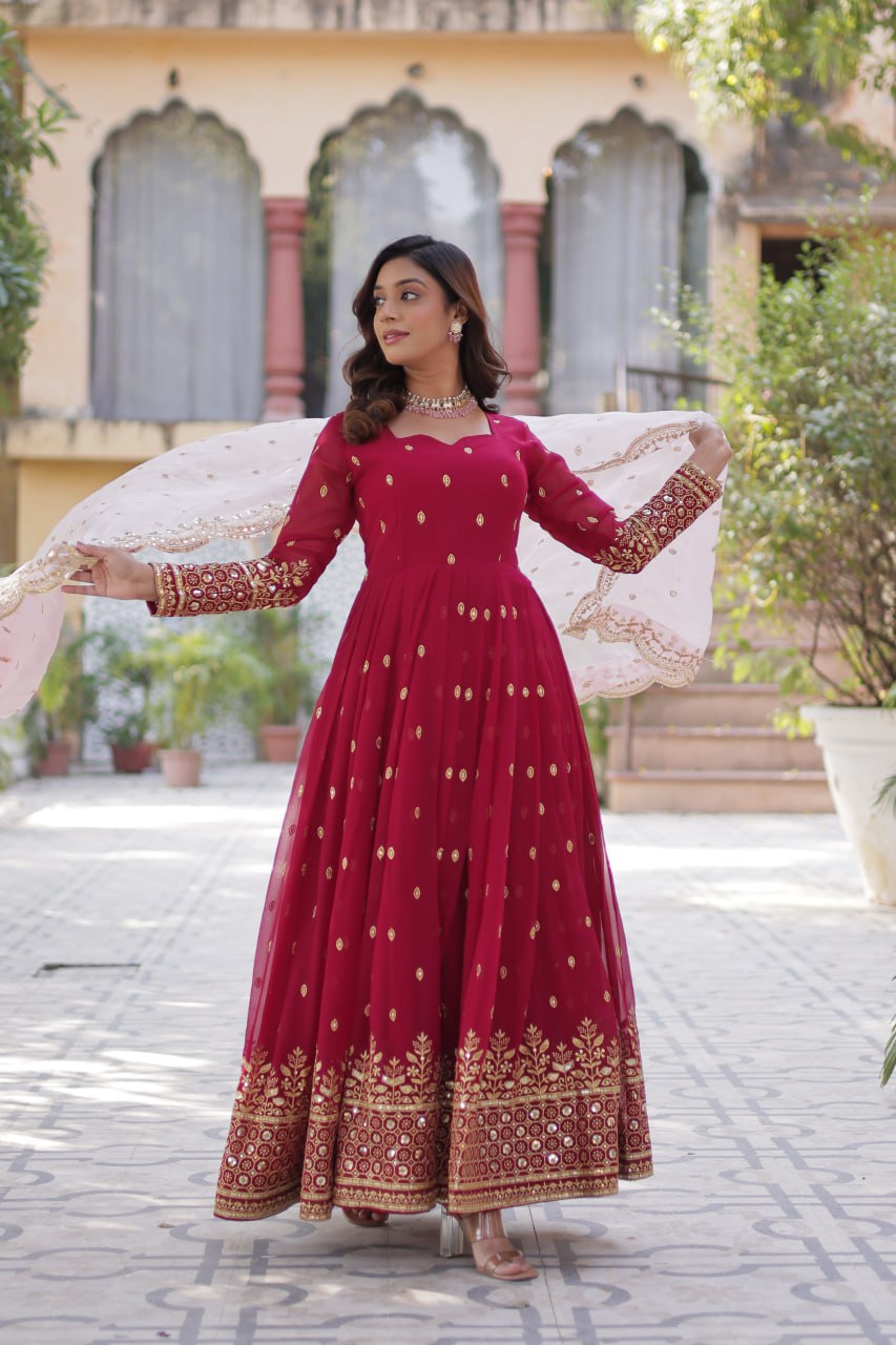 Wedding Wear Maroon Color aux Blooming With Embroidery Zari Sequins Work Designer Gown