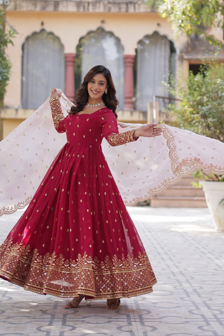 Wedding Wear Maroon Color aux Blooming With Embroidery Zari Sequins Work Designer Gown