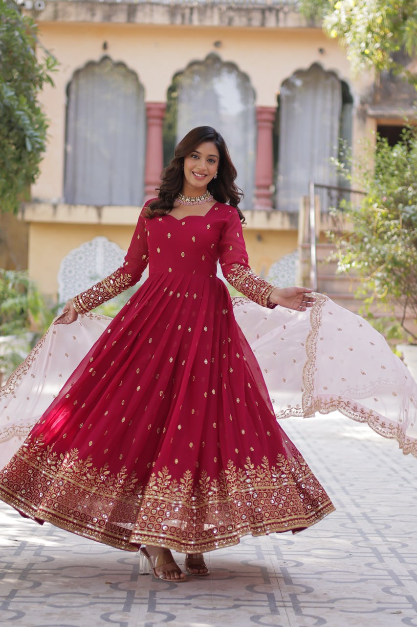 Wedding Wear Maroon Color aux Blooming With Embroidery Zari Sequins Work Designer Gown