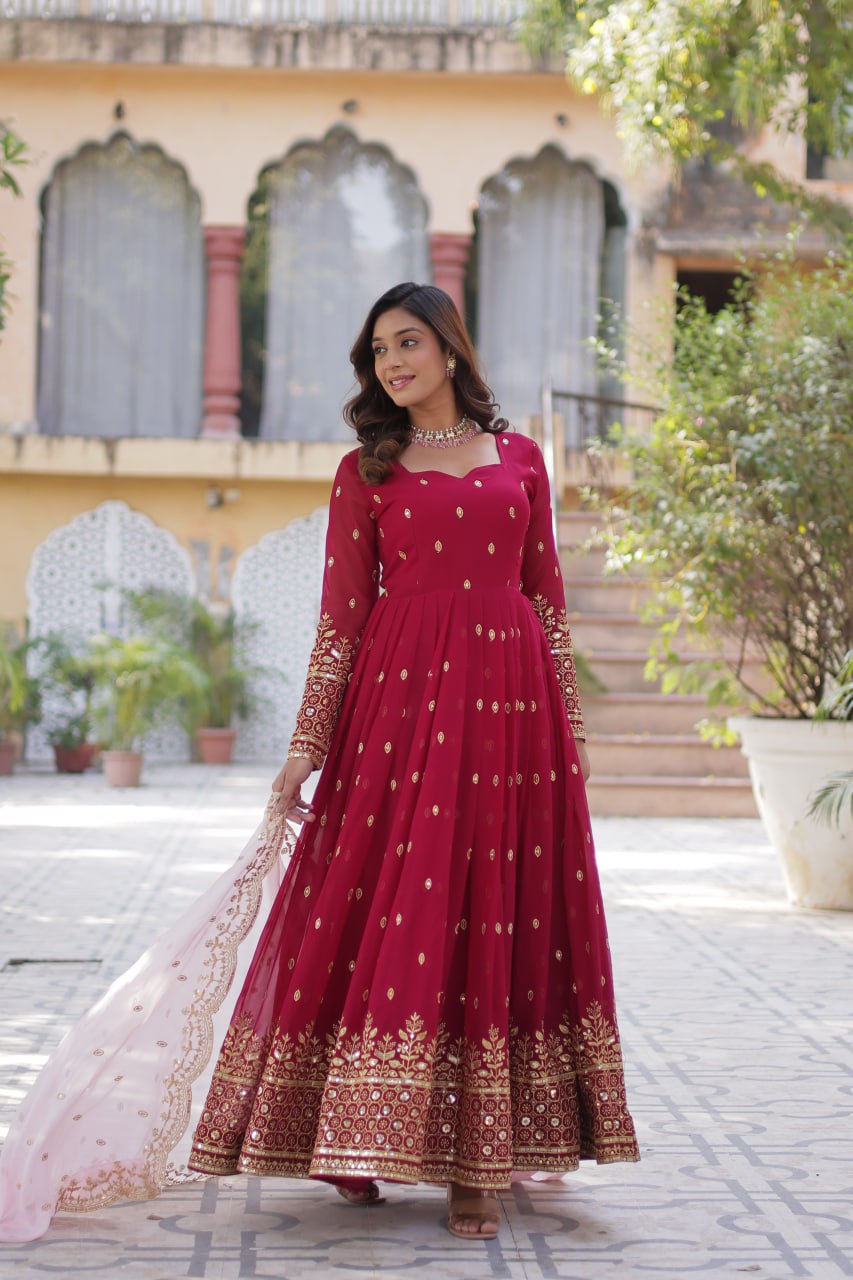 Wedding Wear Maroon Color aux Blooming With Embroidery Zari Sequins Work Designer Gown
