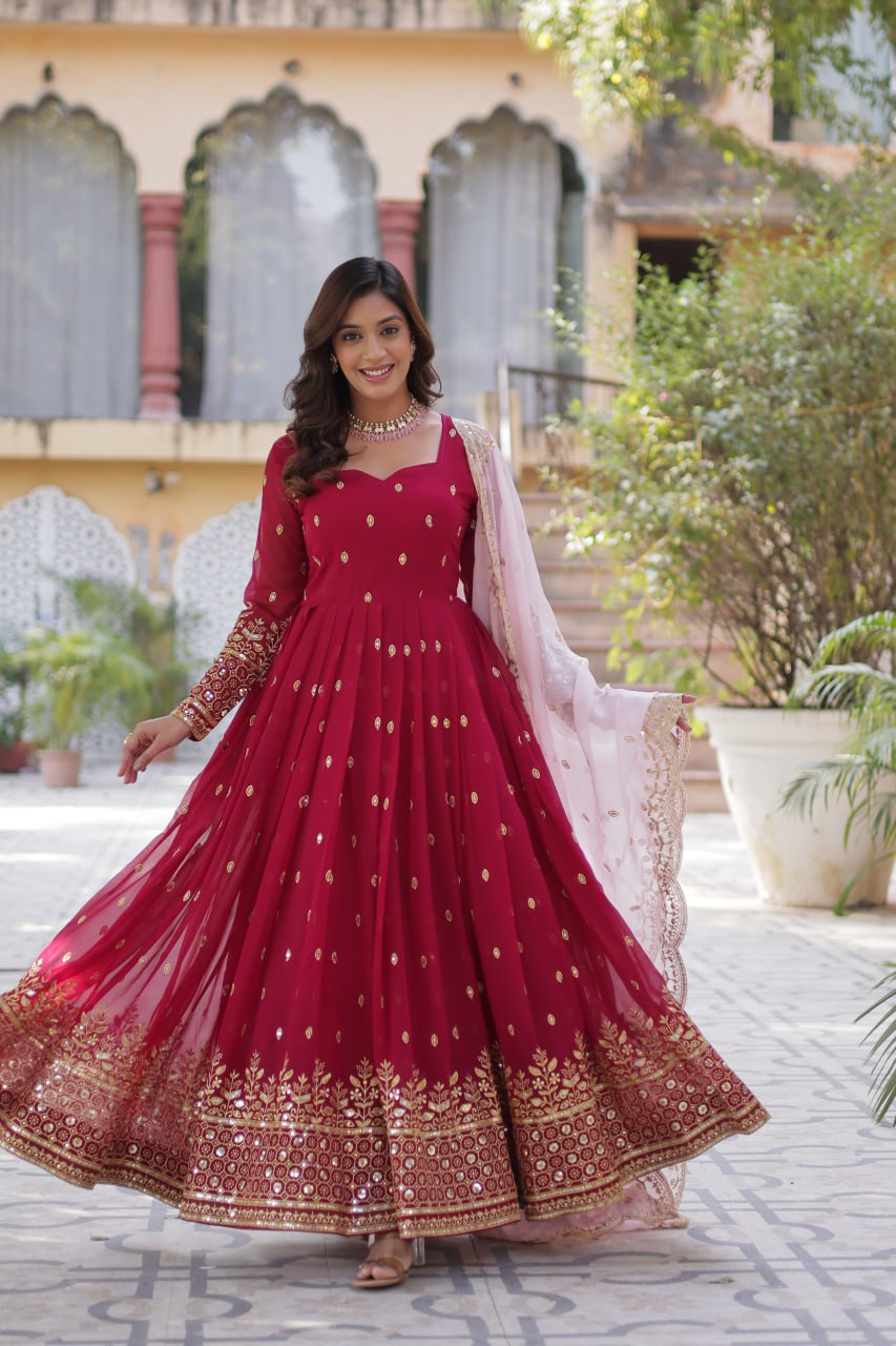 Wedding Wear Maroon Color aux Blooming With Embroidery Zari Sequins Work Designer Gown