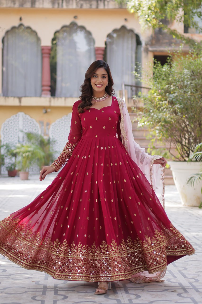 Wedding Wear Maroon Color aux Blooming With Embroidery Zari Sequins Work Designer Gown