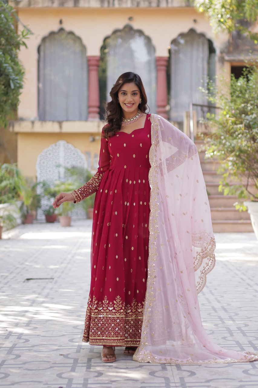 Wedding Wear Maroon Color aux Blooming With Embroidery Zari Sequins Work Designer Gown
