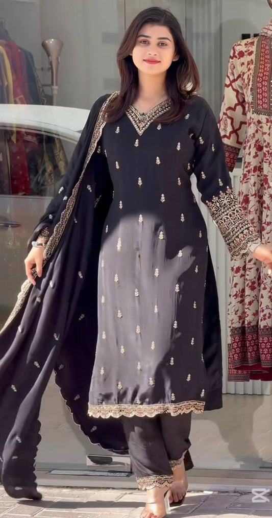 Wedding Wear Black Color Pure Heavy Chinon Silk With Embroidery And 5mm Sequence Work Salwar Suit