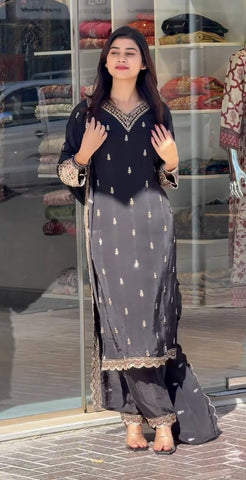 Wedding Wear Black Color Pure Heavy Chinon Silk With Embroidery And 5mm Sequence Work Salwar Suit