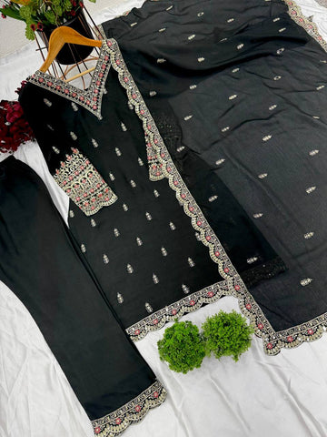 Wedding Wear Black Color Pure Heavy Chinon Silk With Embroidery And 5mm Sequence Work Salwar Suit