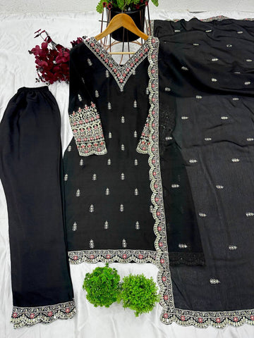 Wedding Wear Black Color Pure Heavy Chinon Silk With Embroidery And 5mm Sequence Work Salwar Suit
