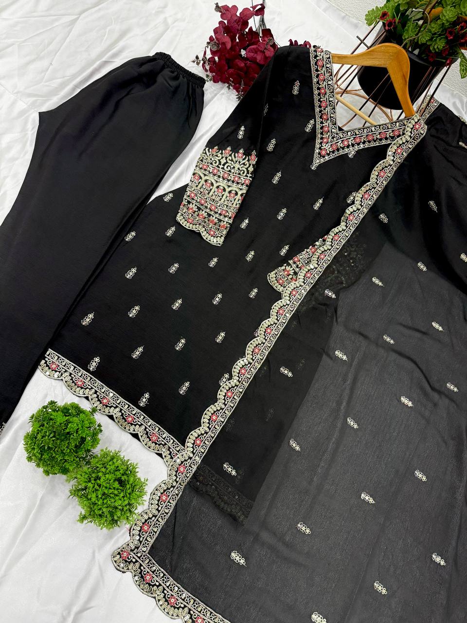 Wedding Wear Black Color Pure Heavy Chinon Silk With Embroidery And 5mm Sequence Work Salwar Suit