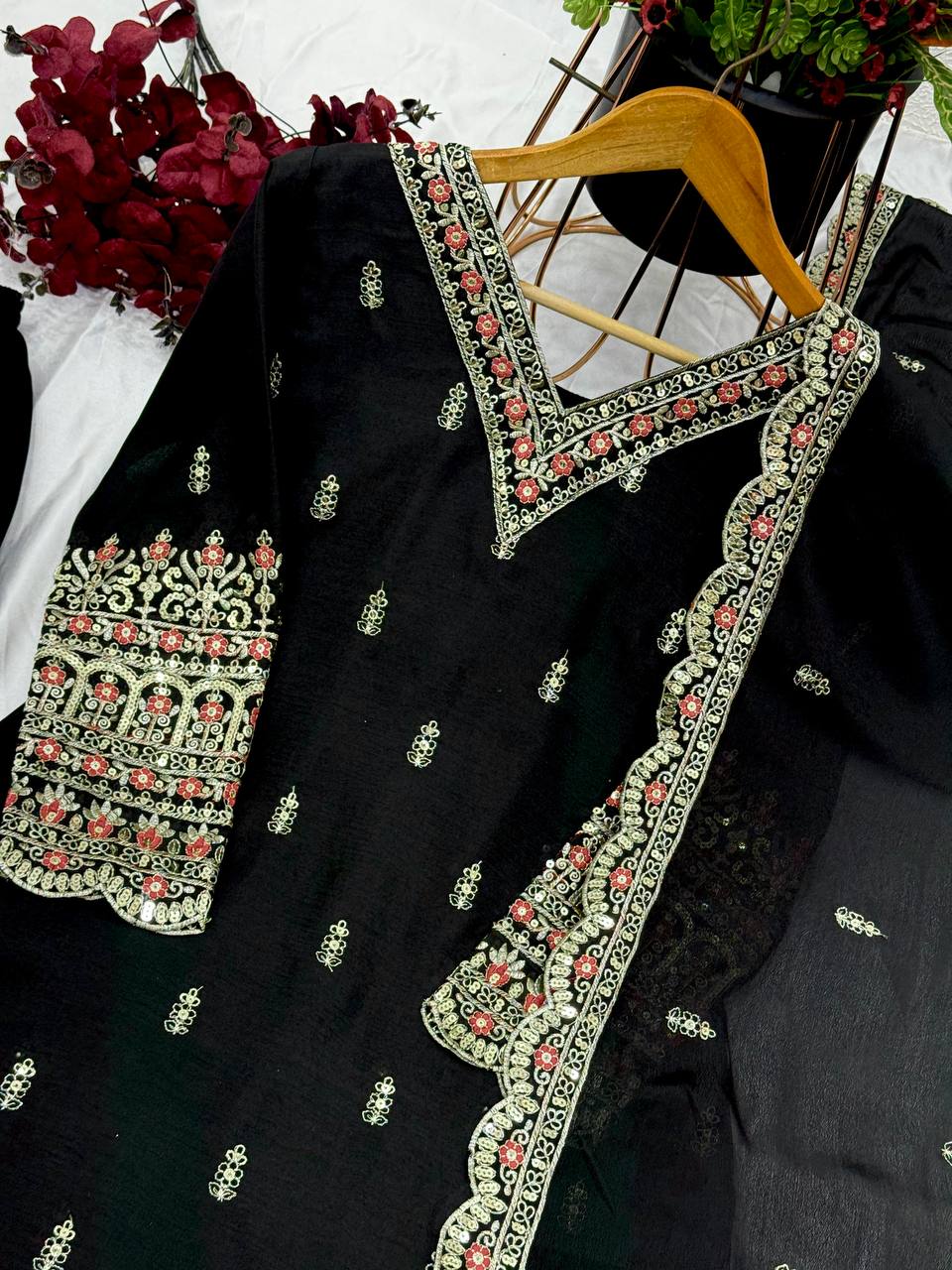 Wedding Wear Black Color Pure Heavy Chinon Silk With Embroidery And 5mm Sequence Work Salwar Suit
