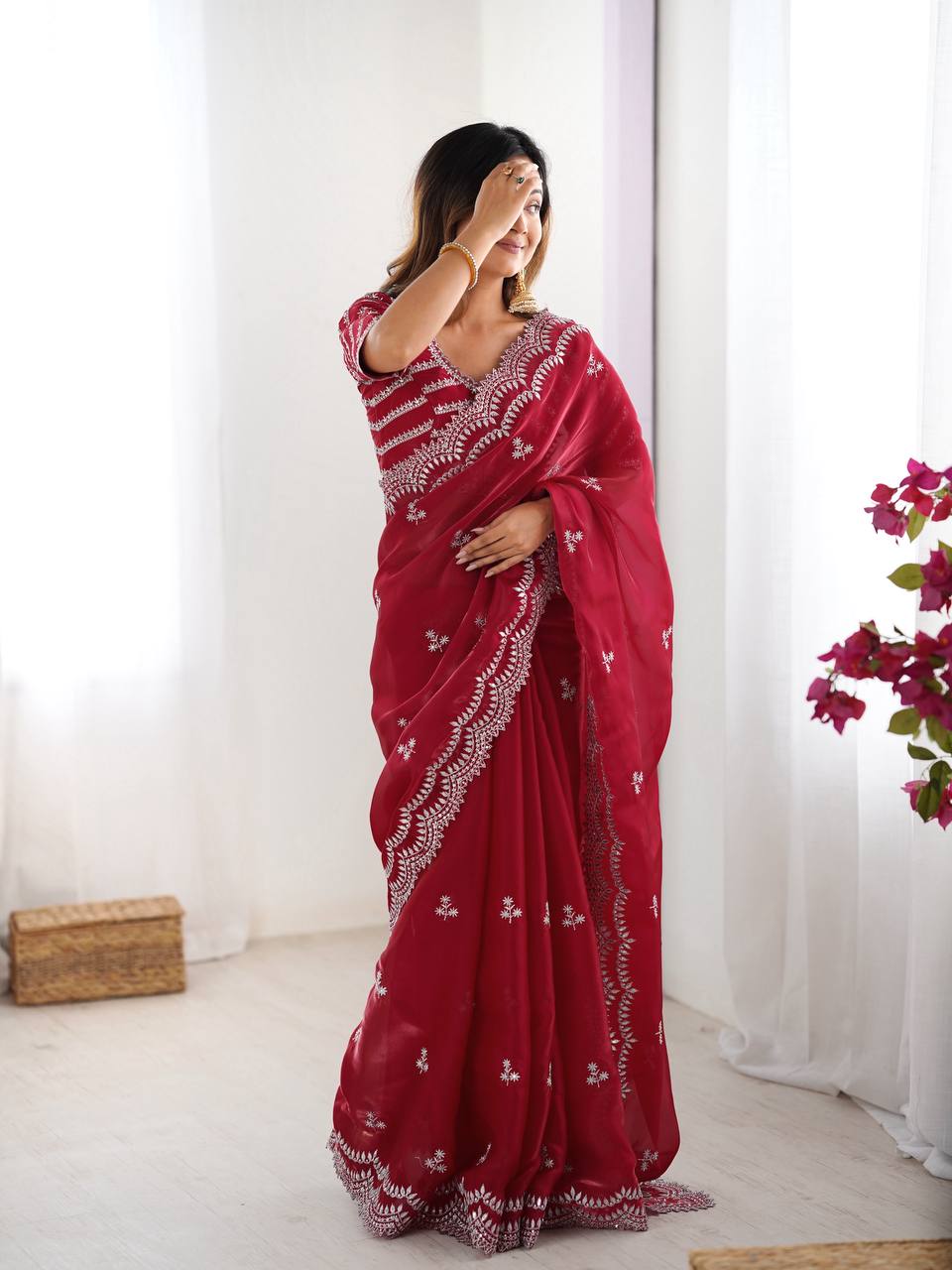 Luxuriant Maroon Color Jimmy Chu And Thread With Sequence Work Saree