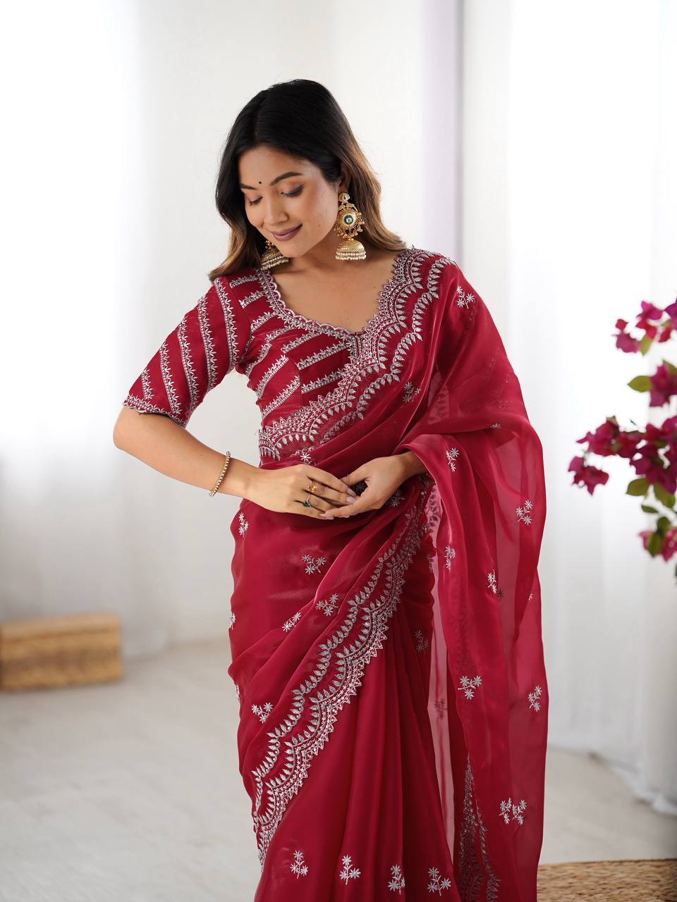 Luxuriant Maroon Color Jimmy Chu And Thread With Sequence Work Saree
