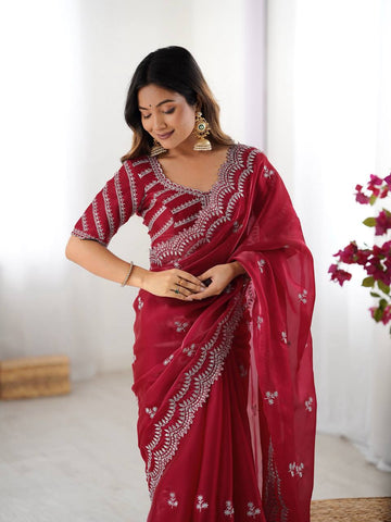 Luxuriant Maroon Color Jimmy Chu And Thread With Sequence Work Saree