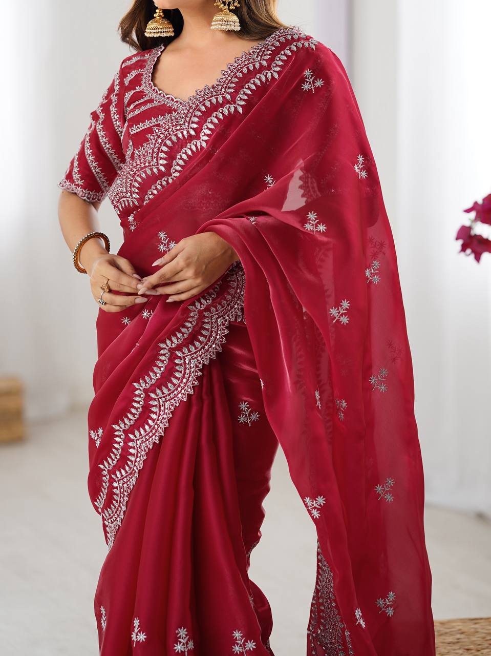 Luxuriant Maroon Color Jimmy Chu And Thread With Sequence Work Saree