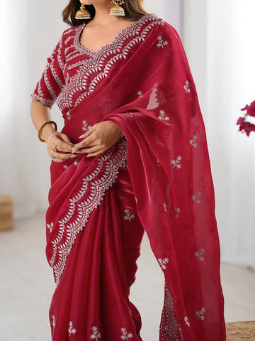 Luxuriant Maroon Color Jimmy Chu And Thread With Sequence Work Saree