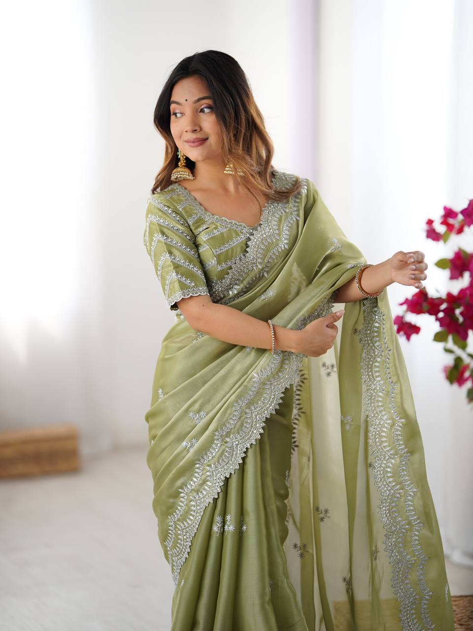Luxuriant Light Green Color Jimmy Chu And Thread With Sequence Work Saree