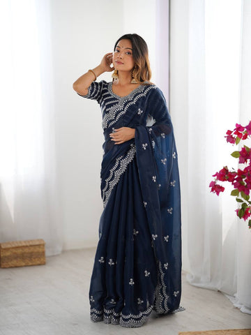 Luxuriant Navy Color Jimmy Chu And Thread With Sequence Work Saree