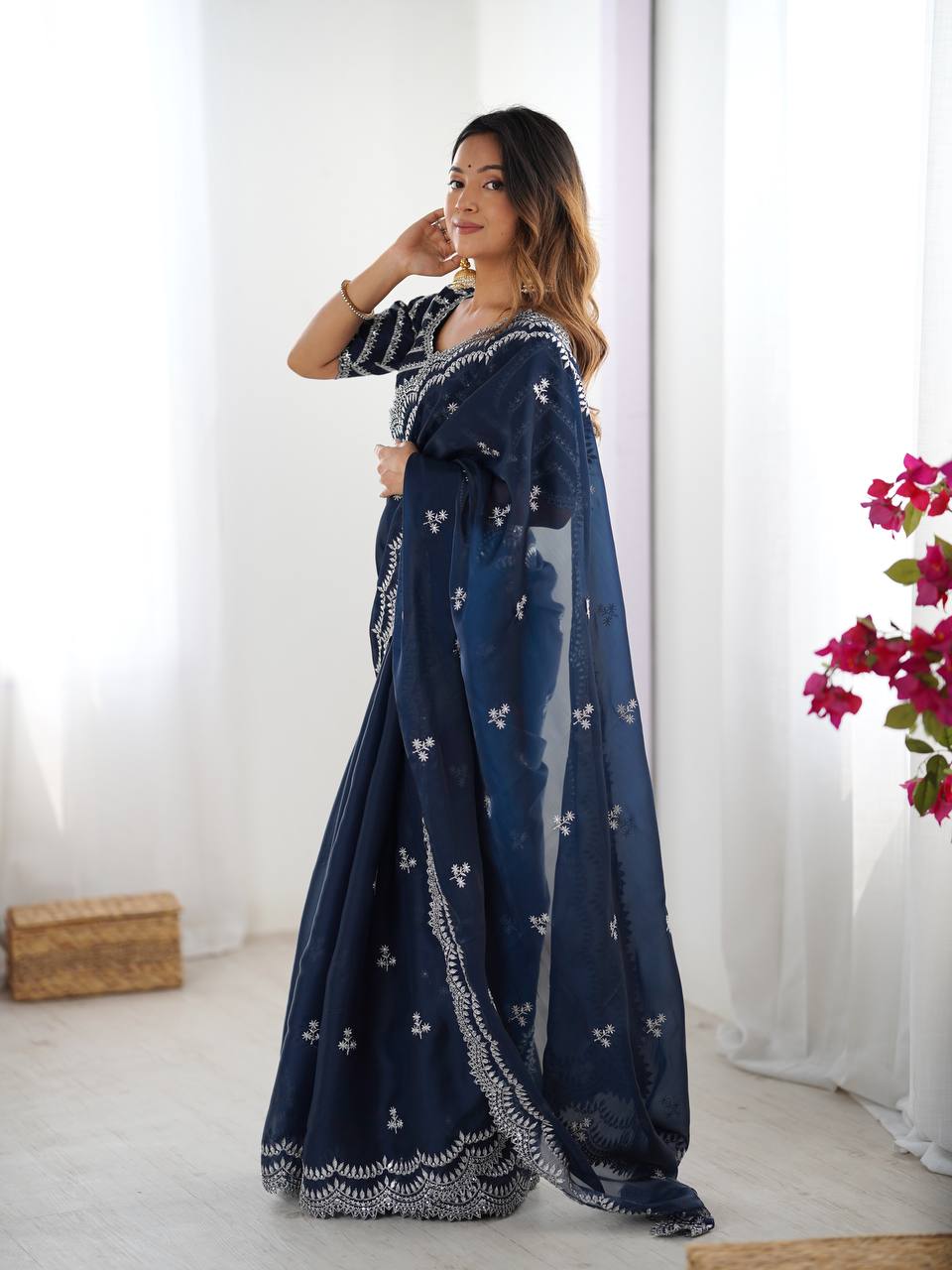 Luxuriant Navy Color Jimmy Chu And Thread With Sequence Work Saree