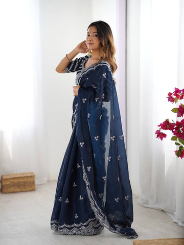 Luxuriant Navy Color Jimmy Chu And Thread With Sequence Work Saree