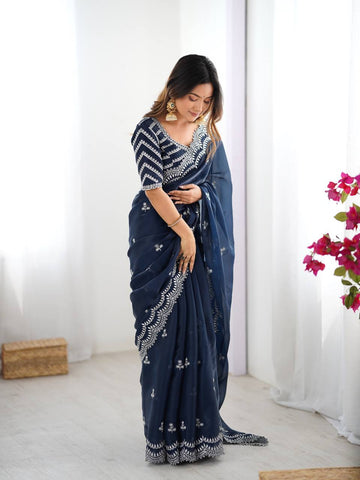 Luxuriant Navy Color Jimmy Chu And Thread With Sequence Work Saree
