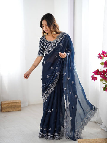 Luxuriant Navy Color Jimmy Chu And Thread With Sequence Work Saree