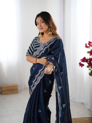 Luxuriant Navy Color Jimmy Chu And Thread With Sequence Work Saree