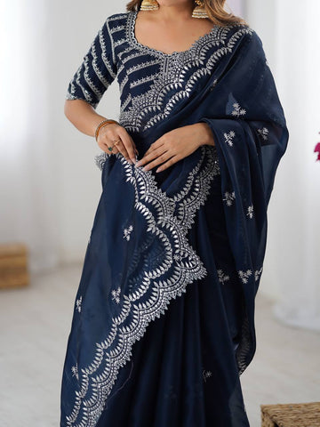 Luxuriant Navy Color Jimmy Chu And Thread With Sequence Work Saree