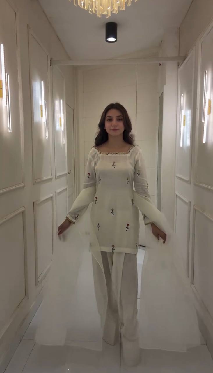 Superhit White Color Chinnon Silk With Embroidery Work Palazzo Suit