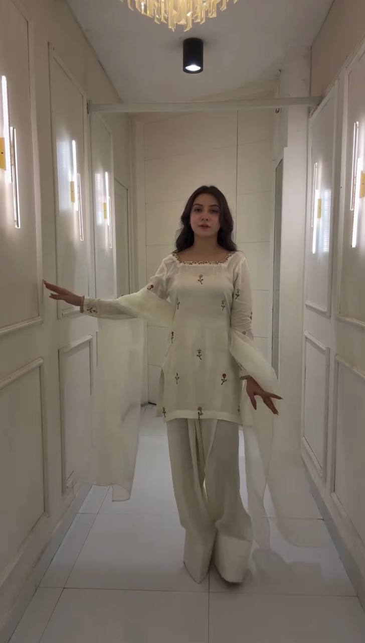 Superhit White Color Chinnon Silk With Embroidery Work Palazzo Suit
