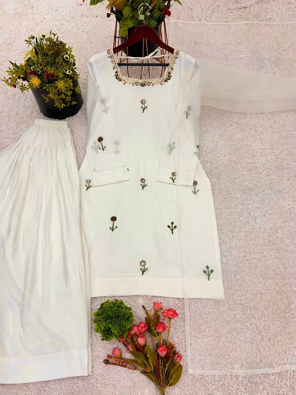 Superhit White Color Chinnon Silk With Embroidery Work Palazzo Suit