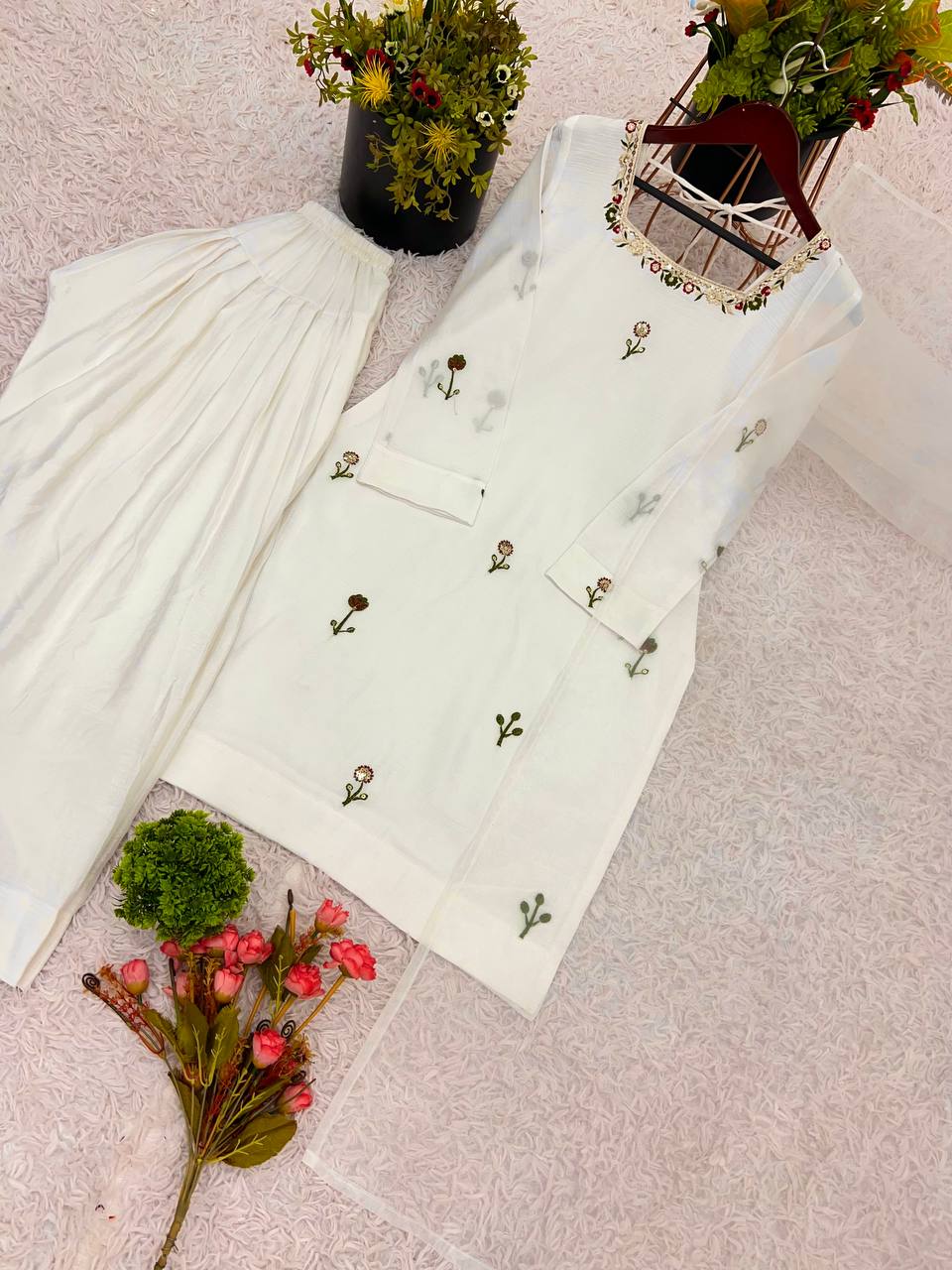 Superhit White Color Chinnon Silk With Embroidery Work Palazzo Suit