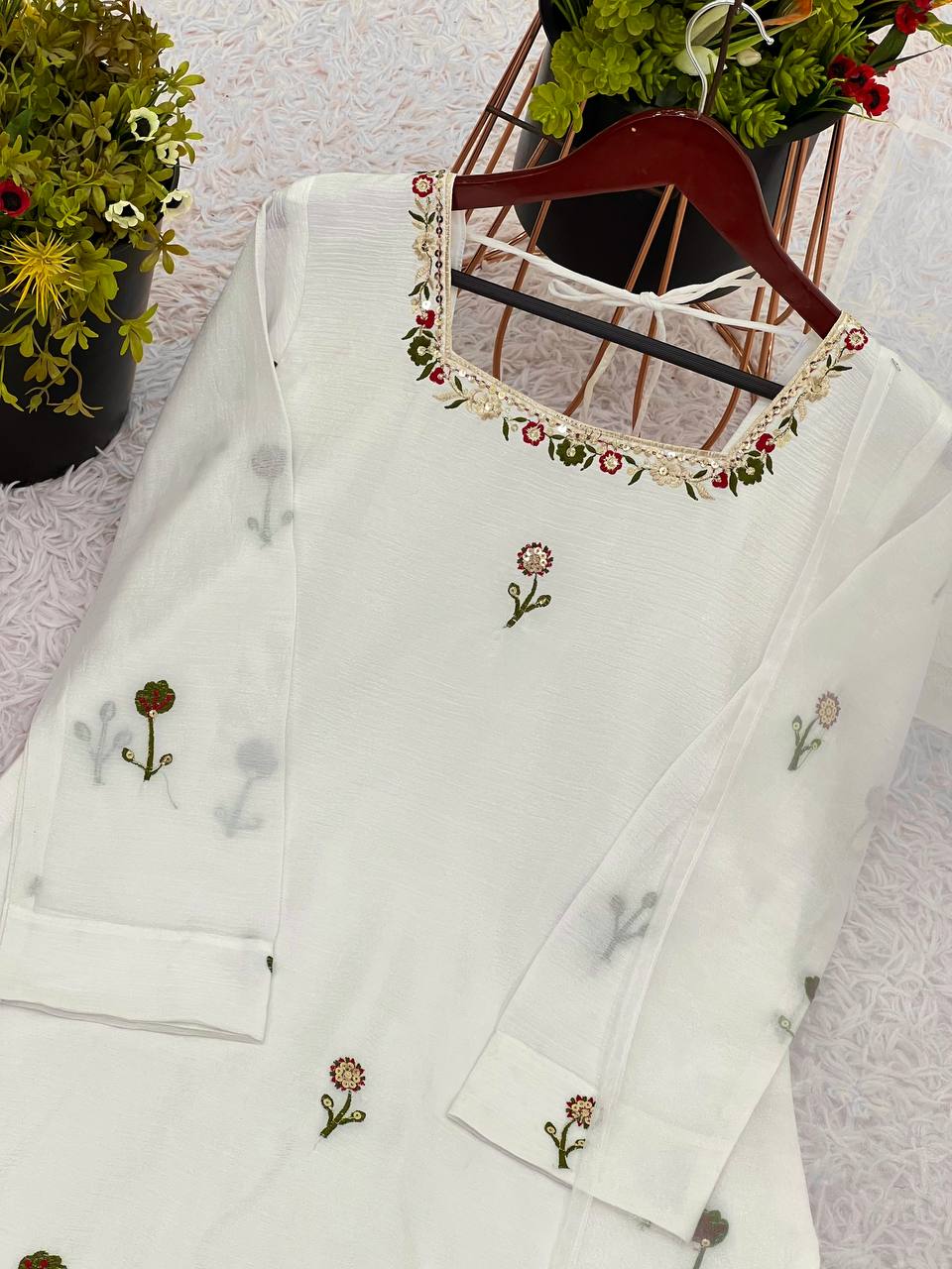 Superhit White Color Chinnon Silk With Embroidery Work Palazzo Suit