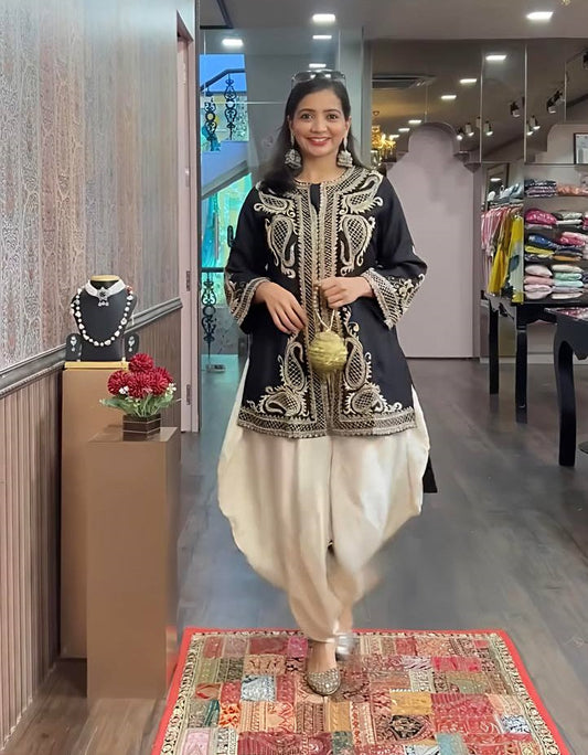 Wedding Wear Black Color Pure Chinon Silk With Embroidery Sequence Work Dhoti Suit