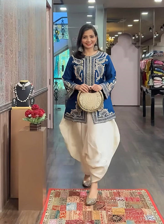 Wedding Wear Blue Color Pure Chinon Silk With Embroidery Sequence Work Dhoti Suit