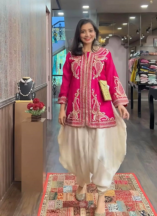 Wedding Wear Pink Color Pure Chinon Silk With Embroidery Sequence Work Dhoti Suit