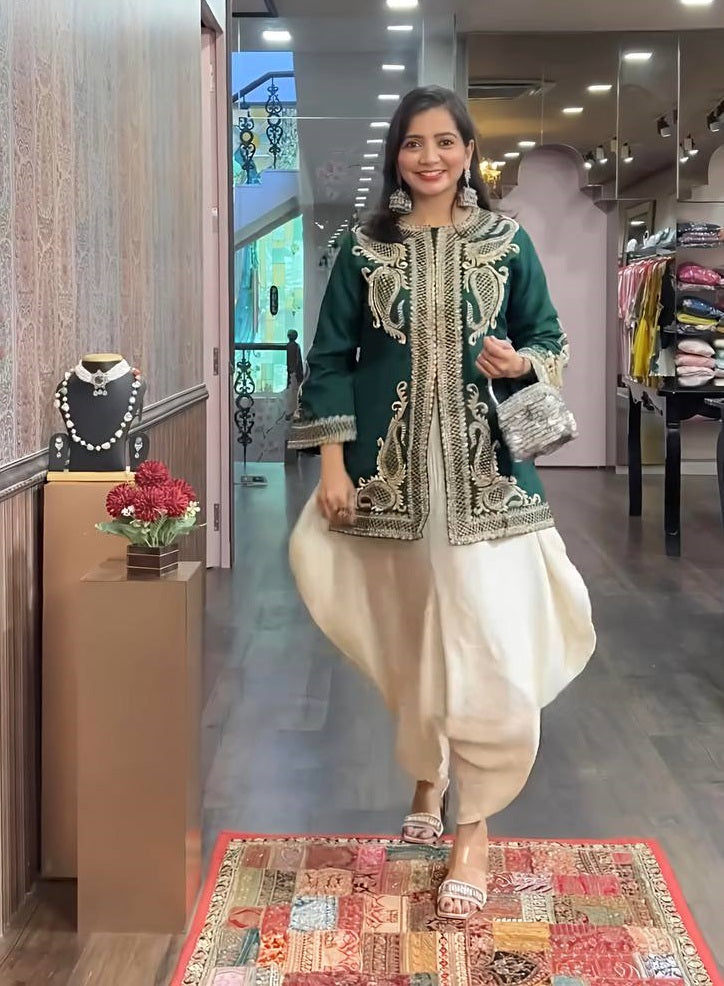 Wedding Wear Green Color Pure Chinon Silk With Embroidery Sequence Work Dhoti Sui