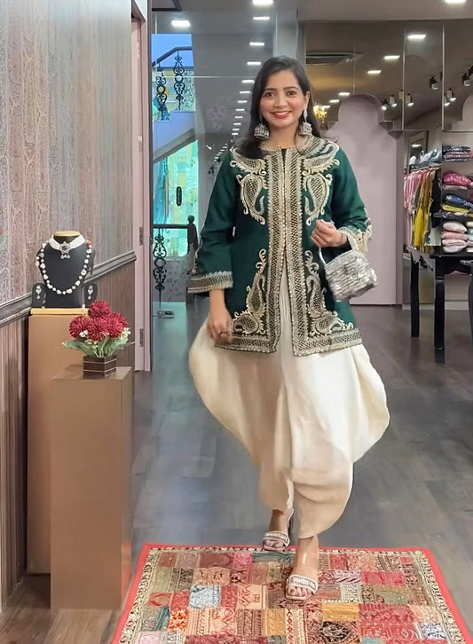 Wedding Wear Green Color Pure Chinon Silk With Embroidery Sequence Work Dhoti Sui