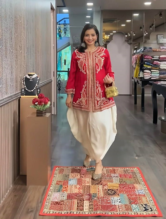 Wedding Wear Red Color Pure Chinon Silk With Embroidery Sequence Work Dhoti Suit