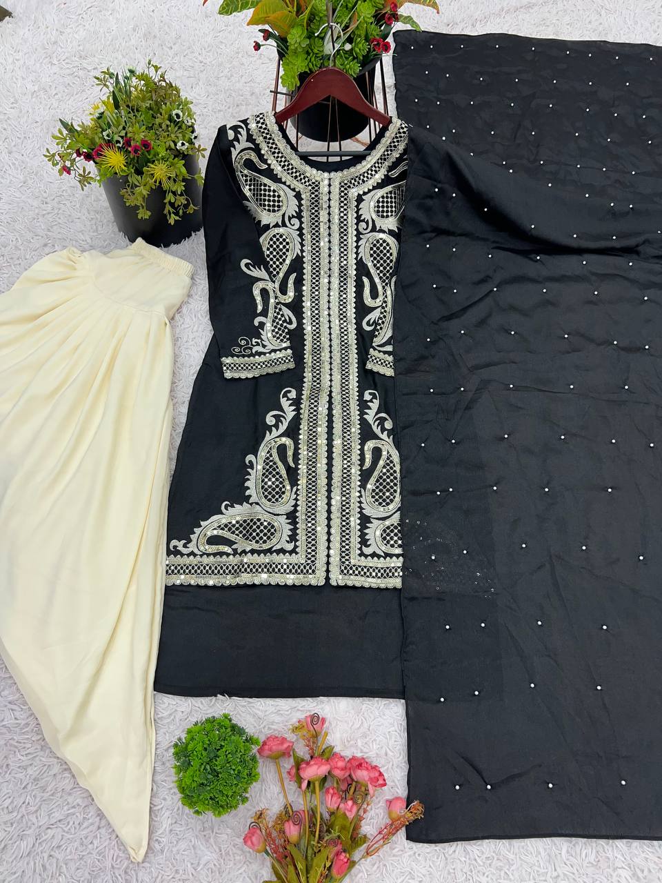 Wedding Wear Black Color Pure Chinon Silk With Embroidery Sequence Work Dhoti Suit