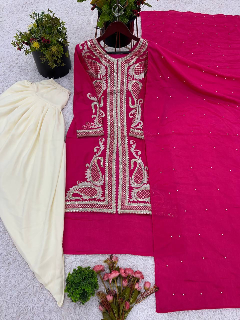 Wedding Wear Pink Color Pure Chinon Silk With Embroidery Sequence Work Dhoti Suit